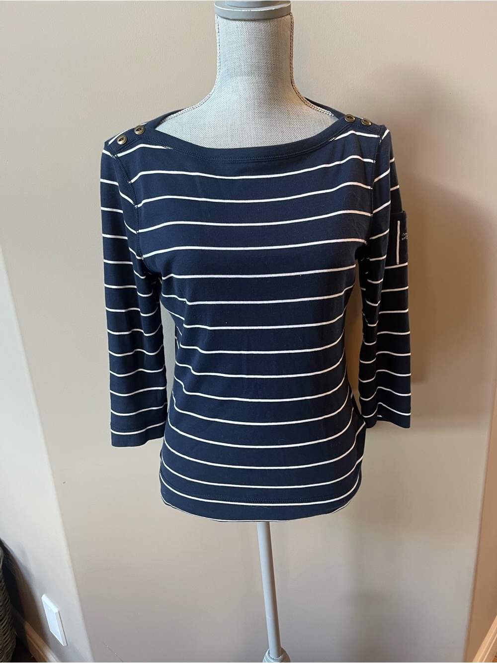 Ralph Lauren Navy and White Striped Button-Shoulder 3/4 Sleeve Tee